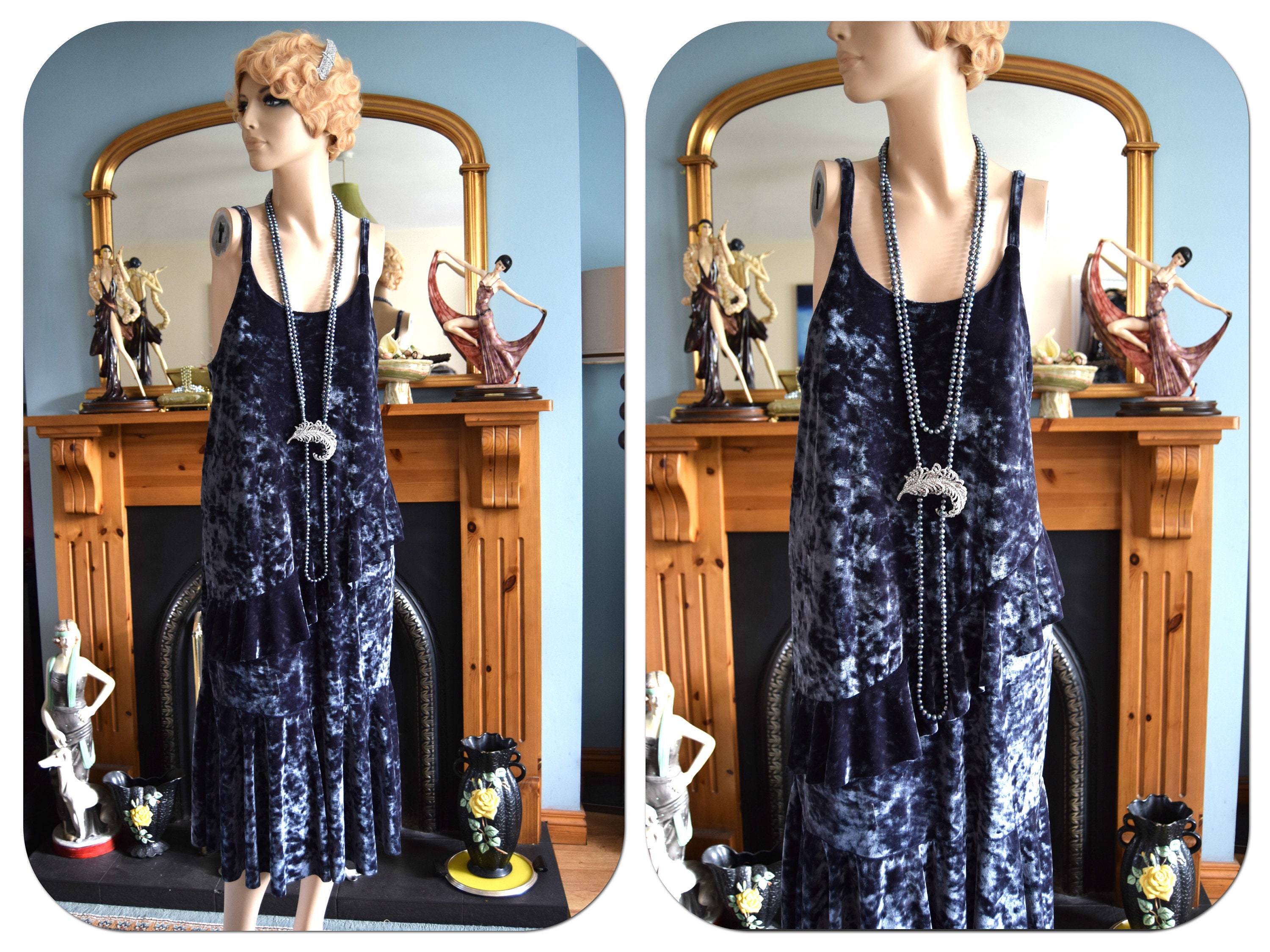 Image of Art Deco Downton Abbey Vintage Silver Grey Velvet Velour Day Evening Casual Dress Gown Size Uk   Us