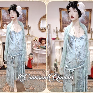 Vintage silk satin Downton Abbey Great Gatsby  beaded ethereal layered ensemble dress with overlay and matching top and bag  Size UK 12 US 8