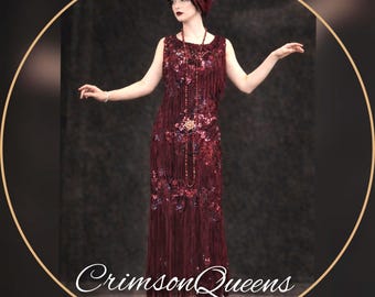 Art Deco Downton Abbey vintage burgundy red romantic floral lace sequin dress evening gown with tassels size UK 10 US 6