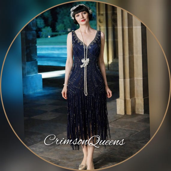 blue dress with denim jacket 1920's Black Flapper Dress with Silver and Gold Beaded Fringe