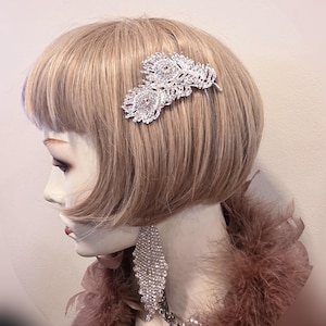 Art Deco Vintage Great Gatsby 1920s crystal rhninestone  peacock feather Art Deco Victorian  statement silver wedding comb headpiece