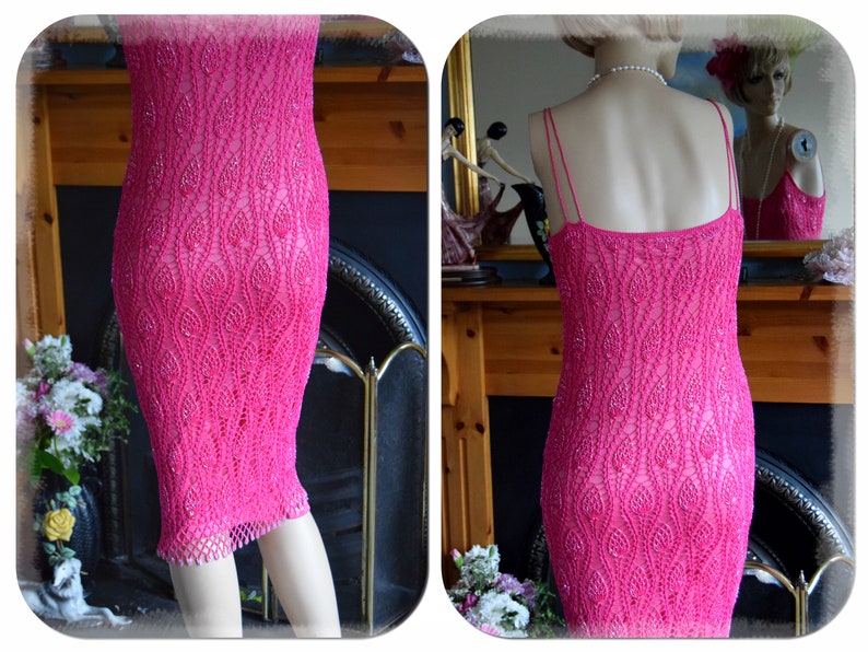 Vintage Crochet Downton Abbey 1920's 30's garden cocktail party magenta pink day dress size UK 10 US 6 image 7