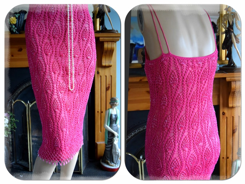 Vintage Crochet Downton Abbey 1920's 30's garden cocktail party magenta pink day dress size UK 10 US 6 image 6
