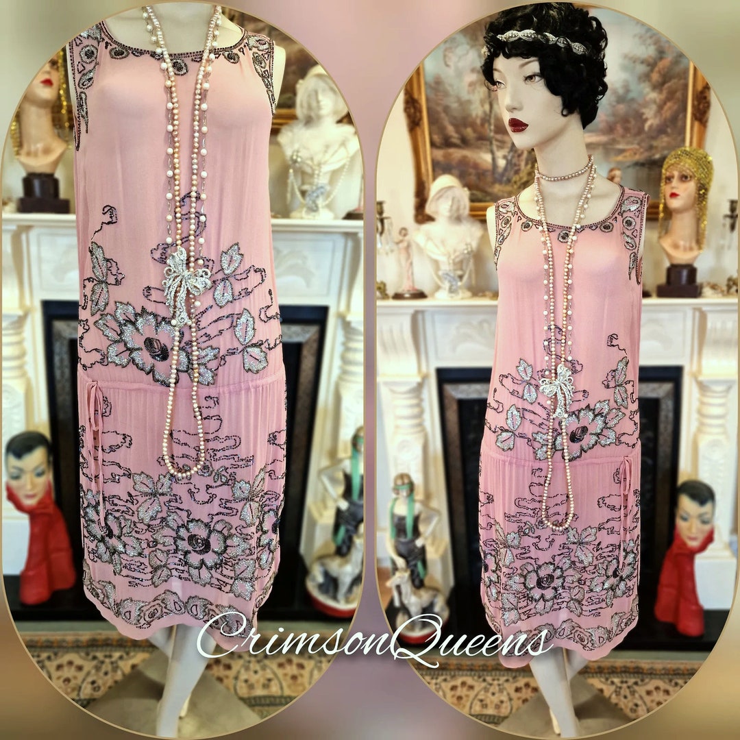 1920's Luxury Vintage Gatsby Beaded Slip Dress - The Fontaine - Deco Pink