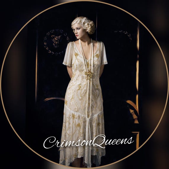 Flapper dress 1920s dress Art Deco Downton Abbey Vintage Embellished Beaded  Cream Gold Floral Dress Evening Gown Size UK 16 US 12