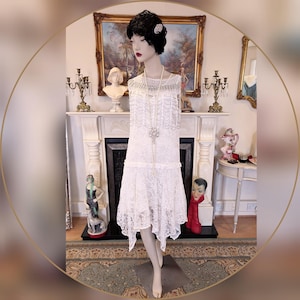 1920s wedding dress 1930s wedding dress al lace mesh flapper bride vintage white gown dress Great Gatsby size UK 12 14 US 8 10