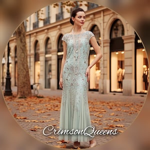 Abito lungo stile flapper vintage anni '20, blu uovo di anatra, ispirato a Il Grande Gatsby e Downton Abbey, con decorazioni di perline, taglia UK 12 US 8.