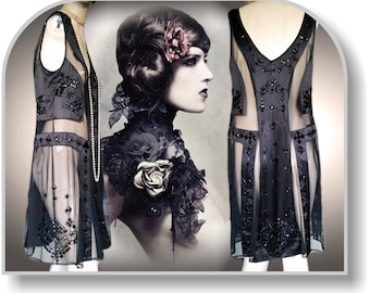 1920s dress flapper dress Great Gatsby dress flapper mesh dress 1920s sheer dress Art Deco dress Charlston dress satin dress size UK 8 US 6