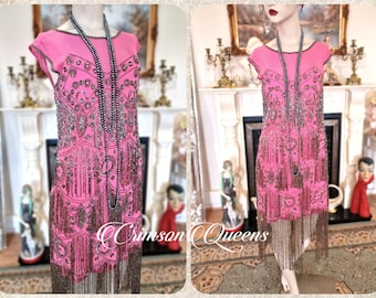 Vintage Great Gatsby hot pink beaded proper flapper style dress sequined 1920s beaded embellished dress UK 10 US 6