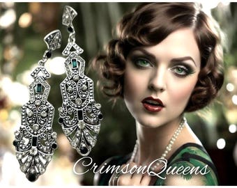 Grandi orecchini pendenti vintage con strass, cristalli e dettagli argento/verde, stile flapper anni '20, perfetti per matrimoni e cerimonie Art Déco.