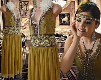 Green flapper Downton Abbey embellish bead 20s sequinned charleston dress UK  size 16 US 12