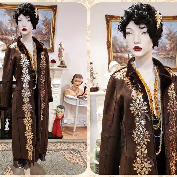 Vintage Luxurious Penny Lane thick faux fur bohemian hippie gypsy sequinned embellished 1980s faux long lamb winter coat UK 12 14 16 US 8 10