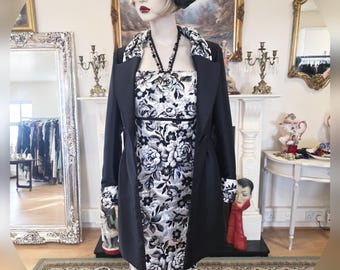 Vestido de traje con brocado jacquard estilo art déco vintage con diseño floral negro y chaqueta, talla 12 (Reino Unido) y 8 (EE. UU.)