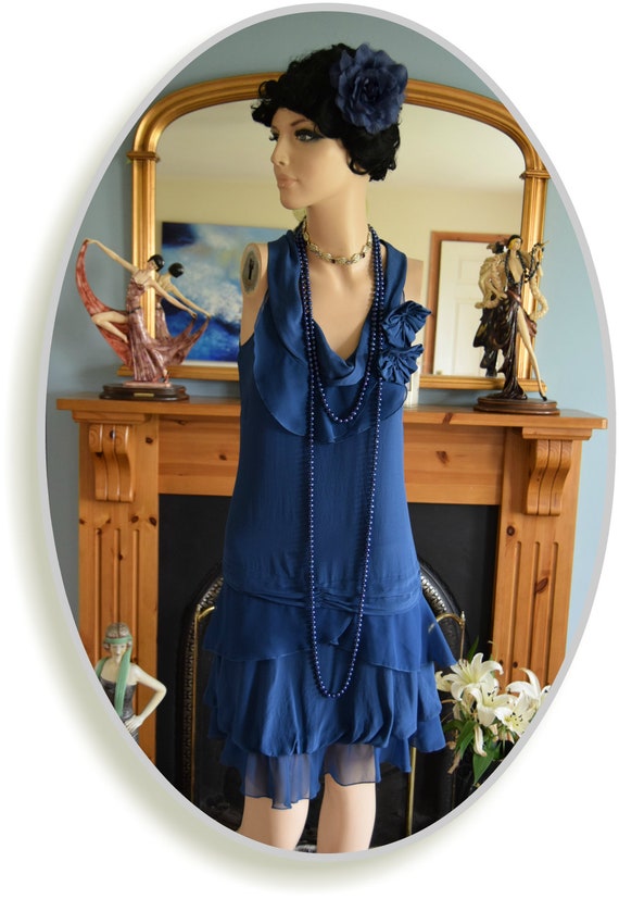 Vintage Midnight Blue Pastel Silk Romantic So Fem… - image 7