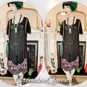 Vintage silk hand embroidered  black sheer 1920s Great Gatsby flapper style dress size Uk 8 10 US 4 6