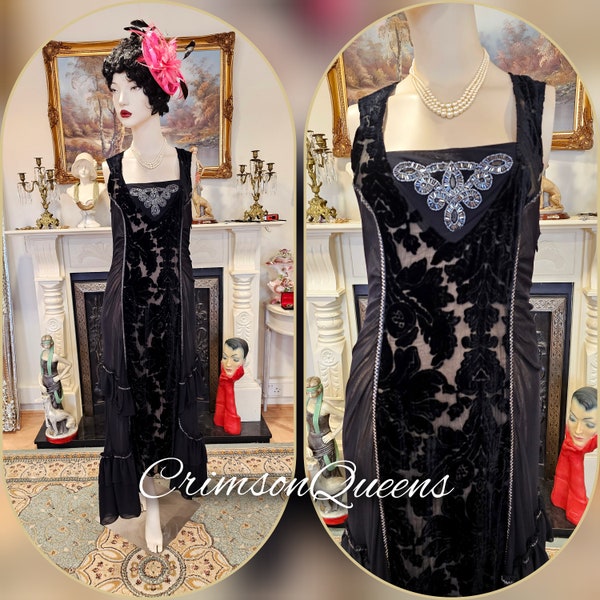 1920s flapper oriental black vintage Art Deco dress Great Gatsby damask frilled size UK  12  US 8