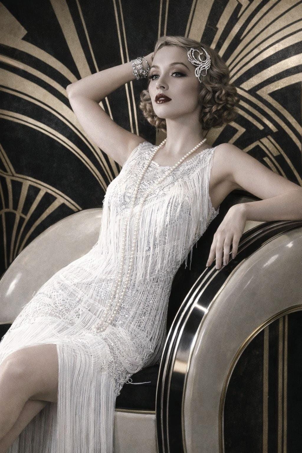 Flapper Charleston Gatsby Vintage Beaded Tassel Fringe Wedding Cocktail Gown Avant Ga off White Dress Size UK 10 12 US 6 8