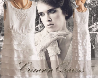 Abito da sposa vintage vittoriano anni '10 in stile edoardiano romantico antico bianco Downton Abbey con balze e volant anni '10, taglia UK 8 10 US 4 6