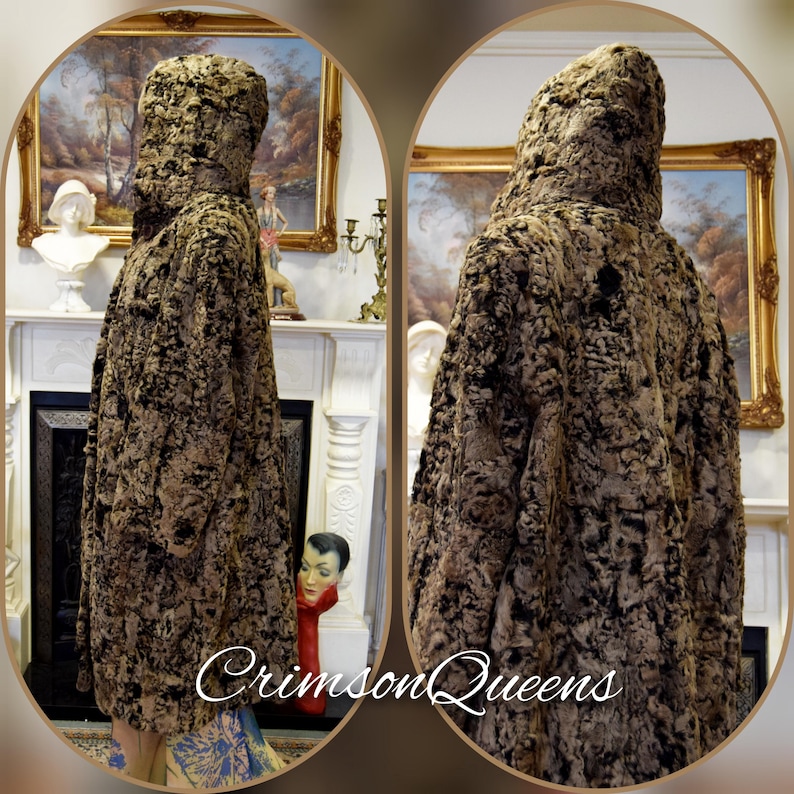 May include: A hooded coat with a textured, mottled pattern in shades of brown and black. The coat is displayed on a mannequin, showcasing its full length and design. The text "CrimsonQueens" is visible at the bottom of the image.