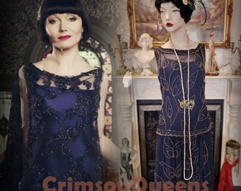 Vintage silk mesh Great Gatsby flapper dress 1920s navy blue beaded embellished dress UK 10 US 6