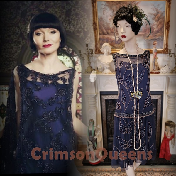 Vintage silk mesh Great Gatsby flapper dress 1920s navy blue beaded embellished dress UK 10 US 6