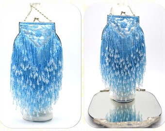 flapper evening bag 1920s tasseled bag flapper beaded bag vintage beaded bag sky blue beaded tassel bag Art Deco evening bag purse