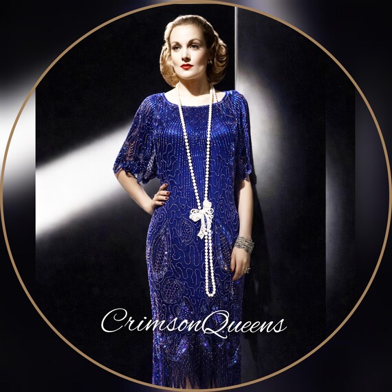 Art Deco Dress Flapper Dress Downton Abbey Dress 1920s Dress Blue Great  Gatsby Dress Heavily Beaded Vintage Dress Cize UK 14 16 US 10 12