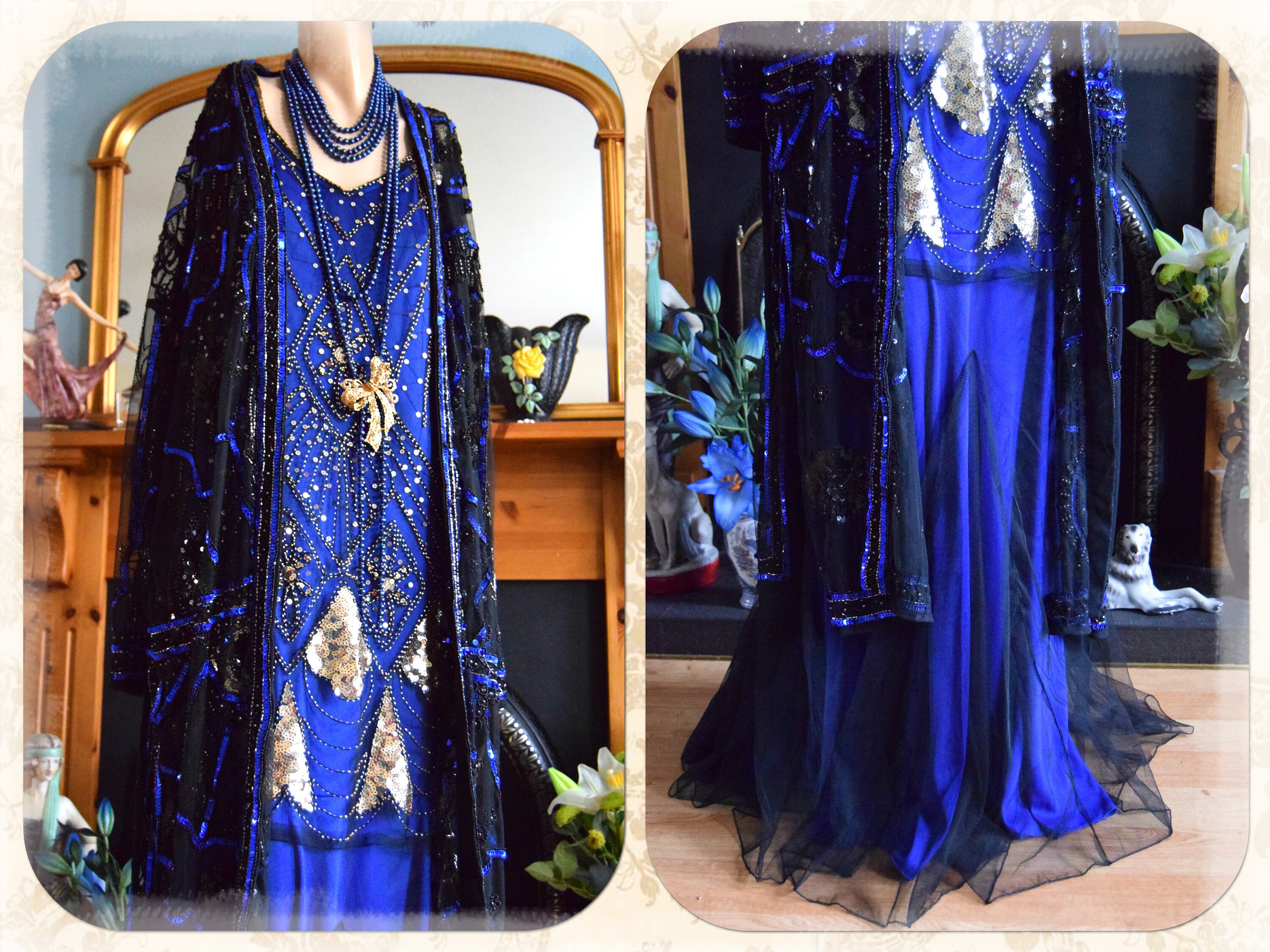 Vintage Art Deco Kimono 1920s Dress Beaded Midnight Blue