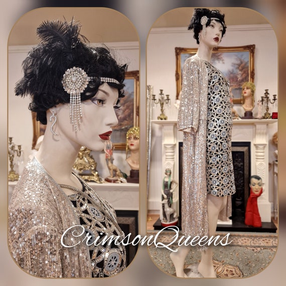 Vintage purple blue oriental Downton Abbey 1920s flapper sequinned beaded embellished Great Gatsby silk all 100% silk dress size UK 10 US 6