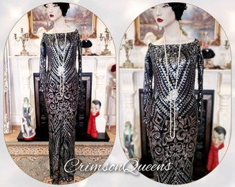 Vintage sequinned black silver monochrome statement dress flapper Downton Abbey 1920s Marlene Dietrich maxi dress UK size  8 US 4 Euro 36