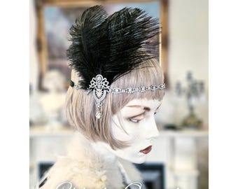 1920s beautiful black feathered headband luxurious beaded headpiece flapper crystal headband
