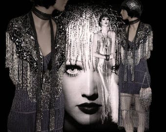 1920's Art Deco Flapper Charleston Gatsby Vintage Beaded tassel fringe Evening Gown Avant GardeSilver Gothic Steampunk Dress Size UK 8 US 4