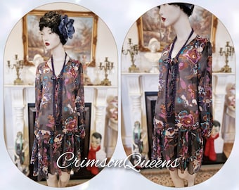 Multicoloured 1920s 1930s Downton Abbey romantic chiffon ruffled garden party cocktail floral day dress size UK 12 US 8