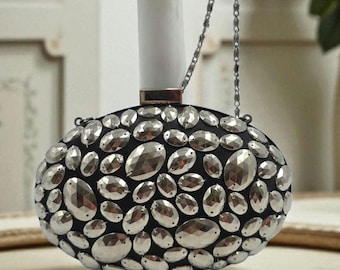 Bolso de noche Art Déco estilo años 20, precioso, negro, con cuentas y adornos.