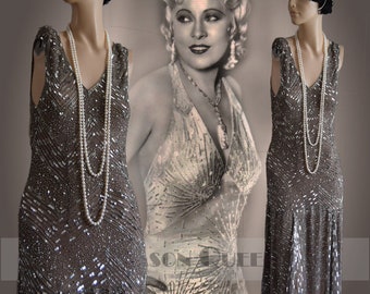 Flapper dress 1920s dress Downton Abbey dress Great Gatsby dress 1930s dress 1930s flapper silver silk evening dress size UK 8 US 4