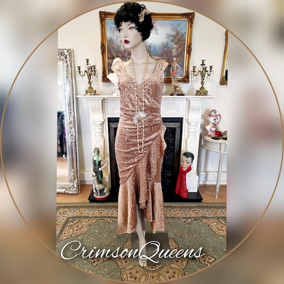 Extraordinary vintage 1920s Art Deco Downton Abbey Hollywood goddess vintage gold frilled midi sequin shell dress gown size UK 8 10 US 4 6