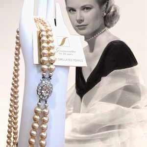 Art Deco Great Gatsby 1950 1960 Lotus luxurious glass pearl necklace with box and diamanté claps stunning!