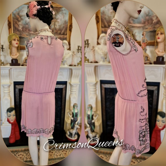 Vintage Great Gatsby pale pink beaded flapper style dress ensemble with sequined coat duster1920s beaded embellished dress UK 8 10 US 4 6