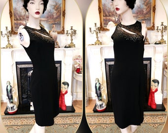 Elegante vestido tubo negro de la colección Gianni Versace, sofisticado y vintage de alta costura, adornado con lentejuelas doradas, talla UK 10 US 6
