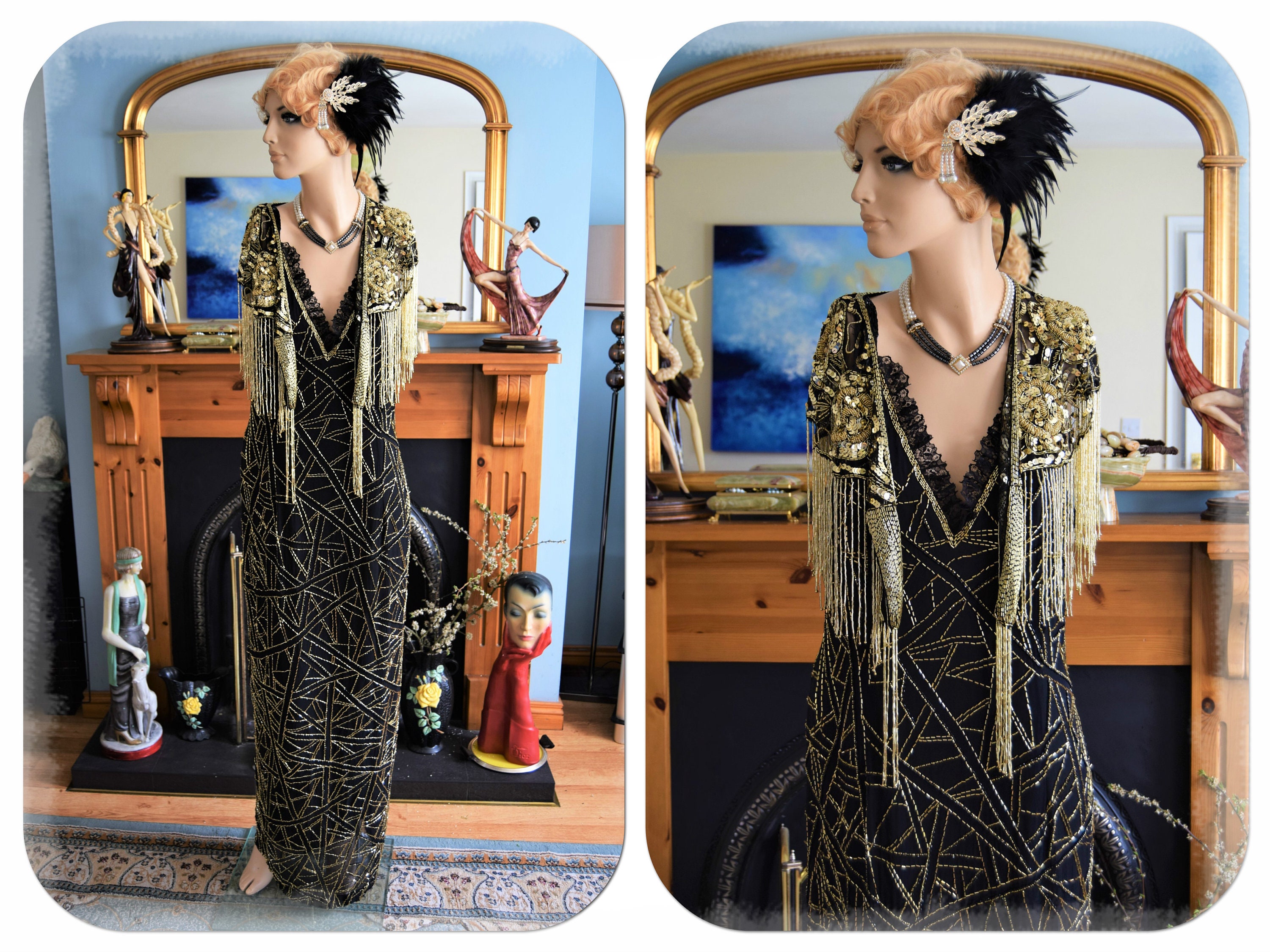Image of Art Deco All Silk 's Downton Abbey Great Gatsby Maxi Gold Beaded Vintage Flapper Evening Dress Size Uk   Us
