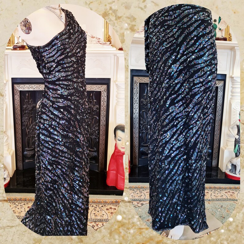 Hollywood goddess midnight blue stage performance Rifat Ozbek designer sequined maxi dress flapper 1920s 1930s dress gown size UK 12 US 8 image 3