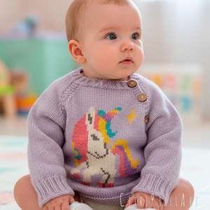 May include: A baby wearing a lavender knit sweater with a unicorn design. The sweater has long sleeves and wooden buttons on the shoulder. The baby is sitting on a colorful play mat.