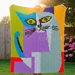 Cubism Cat Portrait C2C Crochet Pattern, PDF Corner to Corner graph, written instructions, Modern blanket, sport 5 ply, dk 8 ply weight yarn