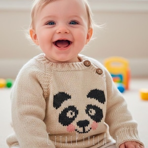 Suéter de punto Panda para niños - Patrón de tejido en PDF, tallas desde recién nacido hasta 4 años, ideal para principiantes, chaqueta con botones y raglán fácil de tejer de arriba hacia abajo.