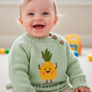 Pineapple Knit kids sweater PDF Knitting Pattern, duplicate stitch colorwork, Fruit motif Easy Beginner Top-Down Raglan Childs Button Jacket