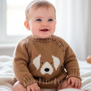 Patrón de tejido de cárdigan asimétrico acogedor para bebé, con motivo de perro beagle, ideal para principiantes, tejido raglán de arriba hacia abajo, suéter para bebé (PDF)