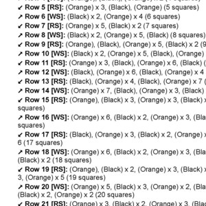 May include: A diagram showing the arrangement of orange and black squares in a grid pattern. The diagram is labeled with the row number and the color and quantity of squares in each row. For example, Row 1 has one orange square, Row 2 has two orange squares, and Row 3 has three orange squares.