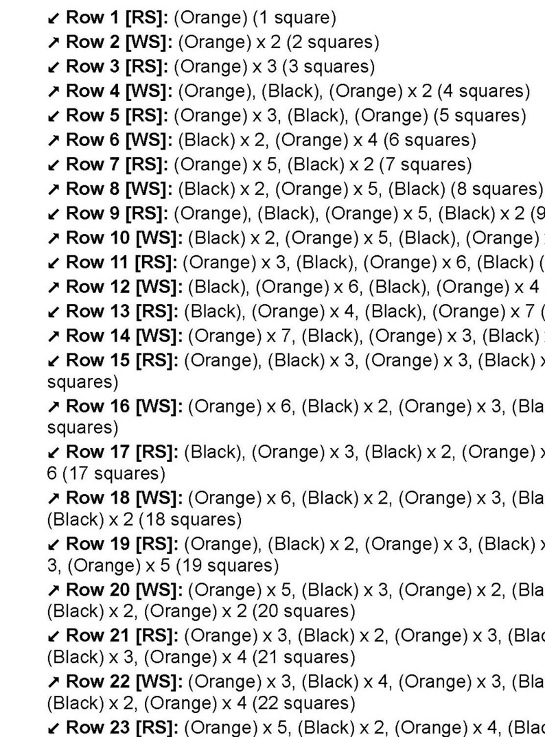 May include: A diagram showing the arrangement of orange and black squares in a grid pattern. The diagram is labeled with the row number and the color and quantity of squares in each row. For example, Row 1 has one orange square, Row 2 has two orange squares, and Row 3 has three orange squares.