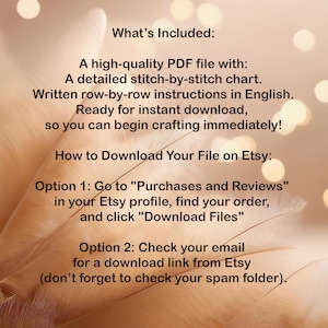 Pode incluir: Imagem com texto detalhando um download digital. O texto inclui "O que est&aacute; inclu&iacute;do", "Um arquivo PDF de alta qualidade", "um gr&aacute;fico detalhado ponto a ponto" e instru&ccedil;&otilde;es em ingl&ecirc;s. Ele tamb&eacute;m fornece instru&ccedil;&otilde;es sobre como baixar o arquivo do Etsy.