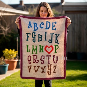 Baby Alphabet blanket - SC Crochet Pattern - Aran yarn - Size 29" x 38" / 70 cm x 95 cm - Tapestry crochet Graphgan, Intarsia colorwork